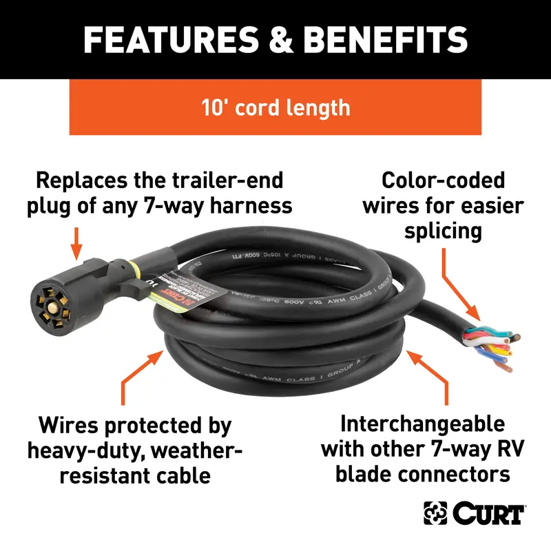 Curt 56603 7-Way Rv Blade Connector Replacement With 10-Foot Wiring Harness (Trailer-Mounted) 1