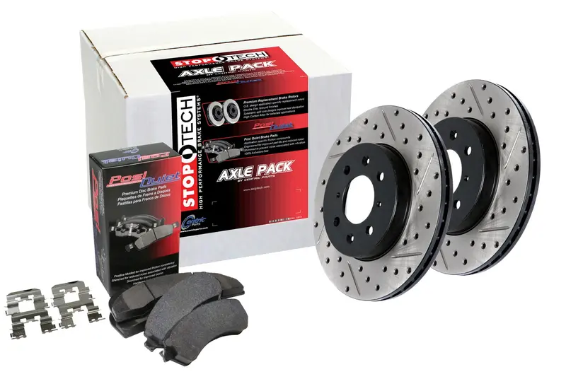 Stoptech Street Axle Brake Kit – Drilled & Slotted Front Rotors And Pads (938.62054) 1