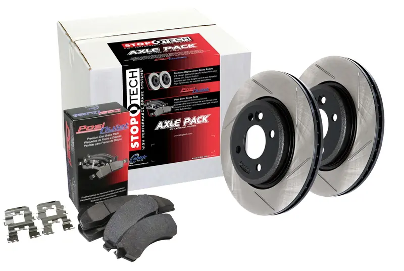 Stoptech Street Axle Pack – Front And Rear Slotted Rotors With Matching Brake Pads 1
