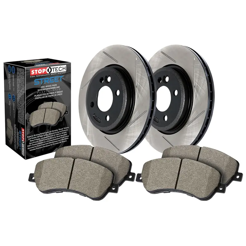 Stoptech Street Front Brake Kit – Slotted Rotors With Performance Brake Pads And Hardware 1